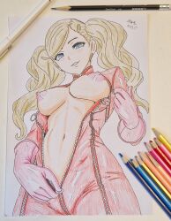 1girls ann_takamaki blonde_hair blue_eyes bodysuit breasts breasts_out ear_piercing female gloves grin kaschmatz long_hair looking_at_viewer medium_breasts paper persona persona_5 red_bodysuit simple_background smile tagme takamaki_anne traditional_media_(artwork) twintails undressing unzipped unzipped_bodysuit white_background