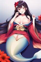 :d ai_generated areolae bangs bare_shoulders black_hair blunt_bangs blush breasts breasts_outside brown_eyes brown_hair censored collarbone eyebrows_visible_through_hair female fingernails flower hair_flower hair_ornament hands_up japanese_clothes kimono lamia large_breasts long_hair long_sleeves looking_at_viewer lying merfolk mermaid monster_girl naga nipples no_panties obi off_shoulder on_back open_mouth partially_submerged pussy red_flower red_kimono sash shiny shiny_skin sidelocks smile solo upper_teeth very_long_hair water wide_sleeves yellow_eyes