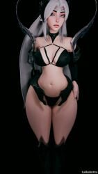 1girls 3d alternate_hair_color armor armored_female black_bra black_legwear black_underwear boots bra choker collar crown female female_focus female_only headwear irelia_xan large_thighs league_of_legends light-skinned_female light_skin long_hair looking_at_viewer panties riot_games simple_background skimpy solo solo_female solo_focus taikakettu thick_thighs thin_waist twitter_username underwear white_hair wide_hips