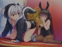 2girls ai ai_generated all_fours alternate_version_at_source angry_eyes anime_style arched_back bending_over black_and_white_hair black_hair black_shoes blush blushing_female breasts brown_fart brown_gas bunny_costume bunny_ears bunny_girl bunnysuit choking closed_eyes coughing coughing_farts covering_mouth cuffs_(clothing) deadly_fart fart fart_cloud fart_everywhere fart_fetish fart_torture farting farting_in_face farting_on_another farting_on_face female female_focus female_only gas gassy gassy_ass gassy_female grinning grinning_at_partner high_socks jacket kemonomimi latex_shorts leggings light-skinned_female light_skin long_hair low_quality on_floor poison_gas rubber_shorts sadism sadistic sadistic_female sadistic_smile short_hair short_video shorter_than_10_seconds sitting skunk skunk_ears skunk_girl skunk_spray skunk_stripe skunk_tail small_breasts small_female smell smelly smelly_ass smug smug_face smug_grin sound sound_edit stink stink_fumes stinky stinky_ass stinky_fart suffering suffocating suffocation tagme toxic_gas twitter twitter_link uf4yb uraakadayooool video wagging wagging_tail white_hair yellow_eyes