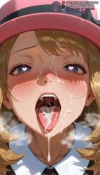 1girls after_fellatio ai_generated blue_eyes blush bow brown_hair close-up cum cum_in_mouth cum_on_tongue cumdrip facial hat heart heart-shaped_pupils heavy_breathing long_hair looking_at_viewer meitabuu open_mouth pink_headwear pokemon porkpie_hat portrait ribbon saliva serena_(pokemon) solo sweat symbol-shaped_pupils tears teeth tongue tongue_out uvula