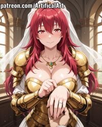1girls ai_generated arm_armor armor armor_plates armored_female artifical_art bride female gold_armor gold_jewelry gold_necklace light-skinned_female light_skin long_hair magi:_the_labyrinth_of_magic myron_alexius perfect_body red_eyes red_hair