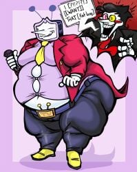 belly_bulge black_hair bursting_buttons clothed crt deltarune deltarune_chapter_2 deltarune_chapter_3 english english_dialogue english_text fat greedy male microphone morbidly_obese nervous obese_male red_cheekdots red_cheeks red_coat red_tie shiny_pants spamton_g._spamton spamton_g_spamton sweat sweatdrop sweating sweaty tenna_(deltarune) thick_thighs tight_clothes tight_clothing tight_suit tv tv_head yaoi yellow_shoes yellow_tie