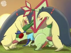 all_fours anal anal_sex anthro anus ass badger balls blush bodily_fluids clothing cum cum_in_ass cum_in_mouth cum_inside dragon fellatio flygon generation_2_pokemon generation_3_pokemon genital_fluids genitals group hand_on_head hi_res jay_(flygonsexpress) looking_at_another looking_down male male/male mammal mustelid musteline mythological_creature mythological_scalie mythology nintendo nongen oral orgasm penetration penile penis pokemon pokemon_(species) raised_tail scalie sex spitroast sun sunset sweat tail tapering_penis tongue trio typhlosion