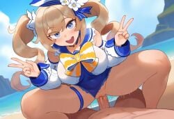 1boy 1boy1girl 1girls 777form777 ai_generated barbara_(genshin_impact) barbara_(summertime_sparkle)_(genshin_impact) beach blonde_hair blue_eyes blush breasts cowgirl_position double_peace_sign female genshin_impact half-dressed happy happy_sex hat huge_breasts looking_at_viewer makeup male motion_lines open_mouth outdoors outside peace_sign penis penis_in_pussy pov pov_crotch pov_eye_contact pov_male pussy pussy_juice ribbon_in_hair simple_background squatting squatting_cowgirl_position swimsuit twintails vagina vaginal_penetration vaginal_sex