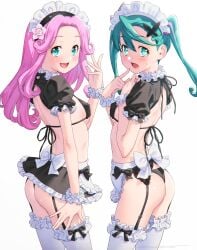 2girls ass breasts female female_only garter_straps green_eyes green_hair hanami_kotoha hisui_(mirai_days) kazuma_muramasa light-skinned_female light_skin mahou_girls_precure! mahou_girls_precure!!_~mirai_days~ maid maid_outfit pink_hair precure pretty_cure toei_animation white_background