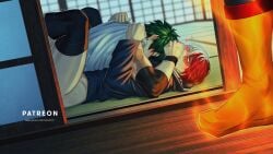 3boys absurdres boku_no_hero_academia burn_scar caught closed_eyes covering_another's_mouth endeavor_(boku_no_hero_academia) freckles green_hair hand_over_another's_mouth heart highres hood hoodie legs_up long_sleeves lying male_focus male_penetrated midoriya_izuku multicolored_hair multiple_boys on_back on_ground paid_reward_available patreon_username red_hair saika076 scar scar_on_arm scar_on_face scar_on_hand sex shirt short_hair split-color_hair thighs todoroki_shoto two-tone_hair white_hair white_shirt yaoi