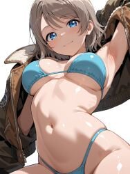 ai_generated bikini blue_eyes breasts brown_hair female grey_hair jacket large_breasts looking_at_viewer love_live! love_live!_sunshine!! navel simple_background solo stomach sweaty swimsuit thighs watanabe_you