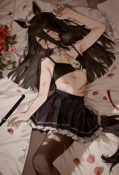 ^^^ after_sex ahoge animal_ear_piercing animal_ears bare_arms bare_shoulders black_bra black_pantyhose black_skirt blood blood_on_clothes blunt_ends blush bra breasts brown_hair collar cowboy_shot crying crying_with_eyes_open cum cum_on_body detached_collar earrings facial female fingernails flower frilled_skirt frills hair_between_eyes heavy_breathing high-waist_skirt highres horse_ears horse_girl horse_tail implied_nosebleed injury jewelry long_hair long_hair_between_eyes lying manhattan_cafe_(umamusume) miniskirt necktie on_back on_bed open_mouth pain pantyhose partially_clothed petals pillow pink_flower pleated_skirt red_flower ribs shadow single_earring skirt small_breasts solo star_(symbol) star_print tail teardrop tears teeth torn_clothes torn_pantyhose umamusume underwear white_collar yellow_eyes yellow_necktie youzha_kuoyueji_xiaotianshi