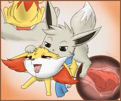 1boy 1girls alternate_color animal_genitalia animal_penis canine_penis drooling eevee female fennekin furry knot male milachu92 nintendo original_character penetration penis pokemon pokemon_(species) pussy saliva sex straight tongue tongue_out vaginal_penetration video_games