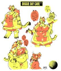 4_fingers anthro apron ball belly biped blush bodily_fluids body_blush cammypuppy canid canine canis claws clothed clothing clothing_lift daycare dog_food dog_toy dog_treat domestic_cat domestic_dog drawing dress dress_lift drooling duo ear_piercing felid feline felis female female/female fingers genitals hair handwritten_text heart_symbol hi_res lifting_apron long_hair mammal markings navel pet_food piercing presenting presenting_vulva pubes restricted_palette saliva signature simple_background speech_bubble striped_arms striped_markings striped_tail stripes tail tail_markings tennis_ball text thought_bubble tied_hair uniform vulva vulva_blush white_background wristband