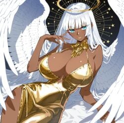 1girls adult adult_female angel_wings atomicmarshmallow bare_arms bare_chest bare_hands bare_hips bare_shoulders bare_skin bewitching_thighs big_breasts black_background blue_eyes blue_eyes_female blunt_bangs breasts brown-skinned_female brown_skin brown_skinned_female busty busty_female busty_girl character_request child_bearing_hips cleavage closed_mouth_smile clothes collarbone copyright_request curvaceous curvaceous_body curvaceous_female curvaceous_figure curvaceous_hips curvy curvy_body curvy_female curvy_figure curvy_hips digital_drawing digital_media dress ebony ebony_female elbows exposed_arms exposed_chest exposed_hips exposed_shoulders exposed_skin eyebrows_visible_through_hair female female_focus female_only fertile_hips fingernails fingers gold_dress gold_fingernails gold_nail_polish gold_nails gold_outfit groin halo head_tilt high_resolution highres hourglass_figure huge_breasts large_breasts lean_figure lips long_hair looking_at_viewer mature mature_female nail_polish nails narrow_waist outfit plump_breasts shoulders simple_background slender_body slender_waist slim_waist smile smiley_face smiling smiling_at_viewer smirk solo thick_thighs thighs tilted_head topwear upper_body very_long_hair white_eyebrows white_hair white_hair_female white_wings wide_hips wings