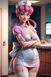 1girls ai_generated apple apron artist_name blue_eyes blurry blurry_background breasts cleavage cowboy_shot cross crossed_arms detached_collar dress earrings eyelashes fruit garter_straps hair_rings hat hi_res indoors jewelry lips looking_at_viewer makeup medium_breasts nintendo nose nurse nurse_cap nurse_joy patreon_username pink_hair pokemon pokemon_(game) progenarts puffy_short_sleeves puffy_sleeves ring short_sleeves smile solo standing thighhighs watermark web_address white_thighhighs