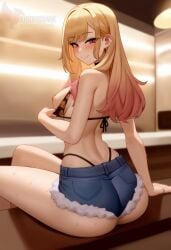 1girls 2d ai_generated ass big_ass big_breasts bikini_top breasts cutoffs denim_shorts erophoenix female female_focus full_body gyaru kitagawa_marin looking_at_viewer looking_back nude pale_skinned_female patreon_username smile solo solo_female sono_bisque_doll_wa_koi_wo_suru sweat swimsuit thick thick_thighs uncensored