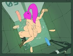 7boys big_penis boots breasts cum cum_on_breasts disembodied_penis futurama glory_hole group hair high-angle_shot huge_ass large_breasts male muscular_female nude partial_male pbrown penis purple_hair solo_focus squatting turanga_leela