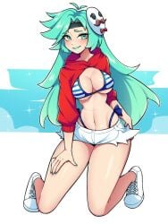 1girls abs ahoge antenna_hair bare_belly bare_calves bare_hands bare_knees bare_legs bare_midriff bare_navel bare_skin bare_thighs belly belly_button bikini bikini_bottom bikini_top blue_bikini blue_bikini_bottom blue_bikini_top blue_string_bikini blue_swimsuit blue_swimwear blush blush_face blushing_at_viewer blushing_female blushing_lines breasts calves character_request cleavage closed_mouth_smile commission commission_art copyright_request curvaceous curvaceous_body curvaceous_female curvaceous_figure curvaceous_hips curvaceous_thighs curvy curvy_body curvy_female curvy_figure curvy_hips curvy_thighs exposed_belly exposed_legs exposed_midriff exposed_navel exposed_skin exposed_thighs female female_focus female_only fingernails fingers footwear full_body green_eyes green_eyes_female green_fingernails green_hair green_hair_female green_nail_polish green_nails groin hand_on_leg hand_on_own_leg hand_on_own_thigh hand_on_thigh high_resolution highres hourglass_figure jean_shorts knees large_breasts lean_figure legs lips long_hair looking_at_viewer mask midriff muscular muscular_female nail_polish nails narrow_waist navel nervous nervous_expression nervous_face nervous_female nervous_smile oninuer parted_bangs shoes shorts shoulders shy shy_expression shy_smile side-tie_bikini simple_background sitting slender_body slender_waist slim_waist smile smiley_face smiling smiling_at_viewer smirk solo string_bikini striped_bikini striped_bikini_bottom striped_bikini_top striped_string_bikini striped_swimsuit striped_swimwear swimsuit swimwear thick_thighs thighs white_background wide_hips