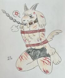 2025 2_horns angry anthro birdpaw_(artist) black_briefs black_clothing black_nose black_underwear blood bodily_fluids bondage bondage bound bovid breath briefs bruised bruised_knee bulge caprine chain_leash chained chains clothed clothed_anthro clothed_male clothing collar colored_pencil_(artwork) cross-popping_vein detailed_bulge ear_tuft facial_piercing floppy_ears full-length_portrait fur furgonomics furry-specific_piercing genital_outline goat grey_horn hi_res horn leash leashed_collar lop_ears male male_anthro mammal muzzle_piercing nose_piercing open_mouth penis_outline piercing portrait red_rope restraints rope rope_bondage scar solo submissive submissive_anthro submissive_male tail tan_body tan_fur tan_tail tears tenting traditional_media_(artwork) tuft underwear wounded