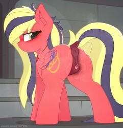 anatomically_correct anatomically_correct_genitalia anatomically_correct_pussy animal_genitalia animal_pussy animal_vulva bodily_fluids castle clitoris darkened_genitalia equid equine equine_genitalia equine_pussy equine_vulva expressionless fan_character female feral full-length_portrait genital_fluids genitals green_eyes hair hasbro hi_res horse inside looking_back mammal multicolored_hair musk my_little_pony mythological_creature mythological_equine mythology parabellumpony pegasus pony portrait presenting presenting_vulva pussy raised_tail rear_view red_body solo standing sweat tail two_tone_hair vulva wings