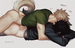 2boys alternate_costume anal animal_ears ass bakugou_katsuki black_hair blonde_hair blush boku_no_hero_academia burn_scar dabi_(boku_no_hero_academia) ear_blush ear_piercing from_side green_shirt heart highres long_sleeves lying male_focus male_penetrated motion_lines multiple_boys on_stomach piercing saika076 scar sex sex_from_behind shirt short_hair short_sleeves spiked_hair stapled tail thighs twitter_username yaoi