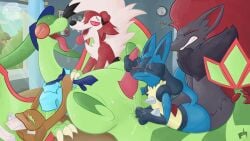 16:9 anal anal_fingering anthro bodily_fluids clothing digital_media_(artwork) fingering flygon furshock generation_3_pokemon generation_4_pokemon generation_5_pokemon generation_7_pokemon genital_fluids genitals group hi_res jay_(flygonsexpress) lucario lycanroc male male/male midnight_lycanroc nintendo penis pokemon pokemon_(species) precum saliva sex sweat tapering_penis teeth widescreen