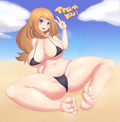 1girls barefoot beach bikini blonde_hair blue_eyes blush breasts brown_hair cleavage eyelashes feet female huge_breasts human human_only jcdr large_breasts long_hair looking_at_viewer micro_bikini navel open_mouth pokemon pokemon_xy sand serena_(pokemon) serena_(pokemon_games) smile soles solo spread_legs sweat swimsuit text thick_thighs toes tongue v