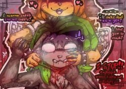 absurd_res antennae_(anatomy) anthro arthropod asphyxiation bee blood blood_from_mouth blood_in_mouth bloodshot_eyes blush bodily_fluids bottomwear choking clentched_teeth clothed clothing death dialogue domestic_cat dominant dominant_female duo dying fangs felid feline felis female fingers front_view frown fur garrote glistening glistening_body glowing gore gore_focus grabbing_face hair hi_res hymenopteran insects khalfy_kun killing maine_coon male male/female mammal nude open_mouth piercing rebekah_(khalfy_kun) scared scowl simple_background smile snuff speech_bubble standing strangling submissive submissive_male tears teeth text tongue topwear tuft weapon wings yellow_body