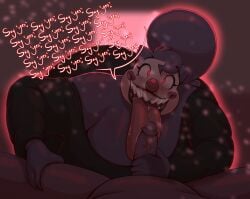 anthro bodily_fluids clothed clothed_sex clothing clown demanding_sex dimly_lit drooling duo fellatio female first_person_view generation_1_pokemon gengar genitals licking lucky_(mcnasty) male male/female mcnasty nintendo oral penile penis penis_lick penis_on_tongue pokemon pokemon_(species) red_eyes saliva sex sharp_teeth teeth tongue ye