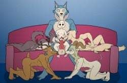 all_fours anthro ass ball balls barefoot beastars blue_background blue_eyes blue_hair breasts brown_hair canid canine canis claws couch deer domestic_dog erection fangs female furry group_sex harem haru_(beastars) horns interspecies jack_(beastars) juno_(beastars) kneeling knot labrador legoshi_(beastars) licking licking_penis long_hair louis_(beastars) lying male medium_breasts multiple_girls navel nipples no_humans nude on_back oral penis pina_(beastars) pussy rabbit red_eyes sharp_teeth sheep short_hair simple_background small_breasts smile straight tail tongue tongue_out uncensored wolf