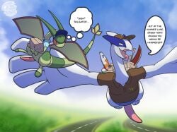 aesopp animal_genitalia big_penis clothing day dialogue duo english_text erection feral flygon flying generation_2_pokemon generation_3_pokemon genitals hi_res highway jay_(flygonsexpress) legendary_pokemon lugia male male/male nintendo penis penis_size_difference pokemon pokemon_(species) prehensile_penis size_difference speech_bubble tailgating text thought_bubble tongue tongue_out uniform wings working