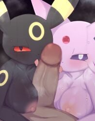 anthro areola biped black_body breasts eeveelution erection espeon female generation_2_pokemon genitals group hi_res himimi human licking looking_at_viewer male male/female mammal markings multicolored_body nintendo nipples oral penile penis penis_lick pink_body pokemon pokemon_(species) purple_sclera sex tongue trio umbreon white_eyes yellow_markings