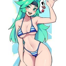 1girls arm_above_head arm_up armpit armpit_crease armpit_peek armpits bare_armpits bare_arms bare_belly bare_chest bare_hands bare_hips bare_legs bare_midriff bare_navel bare_shoulders bare_skin bare_thighs belly belly_button big_breasts bikini bikini_bottom bikini_only bikini_top blue_background blue_bikini blue_bikini_bottom blue_bikini_top blue_string_bikini blue_swimsuit blue_swimwear breasts busty busty_female busty_girl character_request cleavage collarbone commission commission_art copyright_request curvaceous curvaceous_body curvaceous_female curvaceous_figure curvaceous_hips curvaceous_thighs curvy curvy_body curvy_female curvy_figure curvy_hips curvy_thighs digital_drawing digital_media elbows exposed_armpits exposed_arms exposed_belly exposed_chest exposed_hips exposed_legs exposed_midriff exposed_navel exposed_shoulders exposed_skin exposed_thighs female female_focus female_only fingers green_eyes green_eyes_female green_hair green_hair_female green_lips green_lipstick groin hairband hairless_armpits halterneck hand_above_head hand_on_leg hand_on_own_leg hand_on_own_thigh hand_on_thigh hand_up happy head_tilt high_resolution highres hourglass_figure large_breasts lean_figure lips lipstick long_hair looking_at_viewer mask midriff narrow_waist navel oninuer open_mouth open_mouth_smile parted_bangs parted_lips plump_breasts shaved_armpits shoulders simple_background slender_body slender_waist slim_waist solo standing string_bikini striped_bikini striped_bikini_bottom striped_bikini_top striped_string_bikini striped_swimsuit striped_swimwear swimsuit swimwear thick_thighs thighs tilted_head tongue upper_body upper_teeth waving waving_at_viewer white_background wide_hips