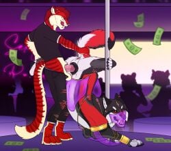 angel_(velvetvlade) animal_genitalia animal_vulva anthro anthro_on_feral anthro_penetrating anthro_penetrating_feral big_fangs black_bottomwear black_clothing black_pants black_shirt black_t-shirt black_topwear blue_eyes bottomwear canid canine canine_genitalia canine_vulva clothed clothed_feral clothing duo_focus fangs felid female female_penetrated feral feral_penetrated fur genitals green_eyes grey_body grey_fur group hair heterochromia hi_res killthe_demon licking licking_lips licking_own_lips male male/female male_penetrating male_penetrating_female mammal markings money narrowed_eyes open_mouth pants penetration penile penile_penetration penis_in_vagina red_body red_fur red_hair red_tongue sex shirt short_hair side_view silhouette standing strip_club striped_arms striped_legs striped_markings striped_tail stripes t-shirt tail tail_grab tail_markings teeth tongue tongue_out topwear torn_bottomwear torn_clothing torn_pants vaginal_penetration vaginal_penetration white_body white_fur yellow_body yellow_eyes yellow_fur yipsky zoophilia
