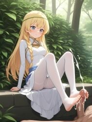 1boy 1girls ahoge ai_generated blonde_hair blue blue_belt breasts civitai civitai_lora cum cum_on_feet cum_on_legwear cum_on_pantyhose cumshot exposed exposed_breasts exposed_pussy eyes feet female female footjob fruit_hair_ornament hair hair_between_eyes hair_ornament human_female illustrious_(stable_diffusion) illustrious_xl iris_(konosuba) kono_subarashii_sekai_ni_shukufuku_wo! konosuba konosuba:_god's_blessing_on_this_wonderful_world! long_braid long_hair medium_breasts nipples nude outdoors penis pussy sdxl single_braid skinny solo stable_diffusion tagme toes wai-nsfw-illustrious-sdxl white_dress white_pantyhose