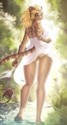 2025 4_toes 5_fingers absurd_res anthro ass biped blonde_hair blush breasts brown_body brown_fur brown_stripes brown_tail claws clothed clothed_anthro clothed_female clothing day digital_media_(artwork) dress dress_only feet felid female finger_claws fingers fur genitals green_eyes hair handpaw hi_res inner_ear_fluff lion looking_at_viewer looking_back looking_back_at_viewer mammal markings no_underwear outside pantherine pawpads paws pizhma pussy rear_view smile solo standing striped_body striped_fur striped_markings striped_tail stripes tail tail_markings teeth toes tuft vulva water