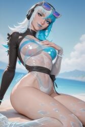 1girls ai_generated asian asian_female beach blue_eyes blue_eyeshadow blue_hair blue_lipstick blue_sky curvy_figure female hand_on_breast heterochromia hips light-skinned_female lipstick long_hair looking_at_viewer luna_snow luna_snow_(cool_summer) luna_snow_(marvel_rivals) marvel marvel_rivals one-piece_swimsuit orange_eyes penguih sitting sky sunglasses sunglasses_on_head swimsuit thighs transparent_clothing two_tone_hair underboob white_hair white_nails