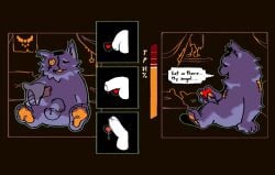 anthro balls becoming_erect belly bodily_fluids deltarune domestic_cat duo english_text erection felid feline felis flaccid foreskin fur genital_fluids genitals heart_symbol hi_res loveypuddy male mammal overweight penis precum purple_body purple_fur seam_(deltarune) soul_(undertale) text undertale_(series)