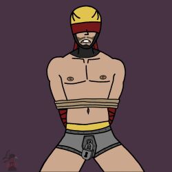 2025 beard beard_stubble belt belt_buckle blind blind_peacock_(blindpeacockdraws) blind_peacock_draws blind_peacock_draws_(artist) blindfold blindfolded crotch crotch_bondage crotch_focus horns horny_male lock lock_bulge locked locked_up male mask masked masked_male metal metal_armor metal_lock naked naked_male no_clothes no_nut_november no_visible_genitalia november november_(month) original original_art original_artwork original_character pecks rope rope_bondage self_upload skinny strong_arms superhero tagme tied tied_arms tied_hands tied_up watermark wrapped_arms wraps wraps_only