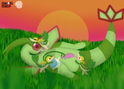 absurd_res animal_genitalia blurred_foreground bodily_fluids cum_collecting feral flygon generation_3_pokemon generation_5_pokemon genital_fluids genital_slit genitals gradient_background grass_field group heroic_snivy hi_res male male/male nintendo open_mouth penis pokemon pokemon_(species) reptile rimming_male scalie simple_background snake snivy sunset tapering_penis watermark