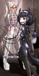 2girls anal anal_object_insertion anal_tail animal_ears armbinder arms_behind_back bit_gag black_bodysuit black_eyes black_hair blinders blonde_hair bodysuit bondage boots bound bound_arms breasts bridle chains drooling fake_animal_ears fake_tail falalalalalalal feet_out_of_frame gag gag_harness grey_eyes hairband harness heel-less_heels highres hoof_shoes horse_ears horse_tail long_hair looking_at_viewer milking_machine multiple_girls object_insertion original platform_boots pony_play ponytail posture_collar reins saliva shadow shiny_clothes short_hair skin_tight small_breasts spreader_bar standing standing_on_one_leg tail thigh_boots vaginal_object_insertion vaginal_penetration walking white_bodysuit