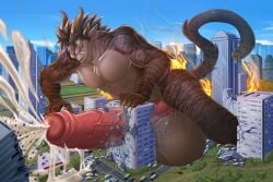 anthro balls big_balls big_penis bodily_fluids building building_destruction building_penetrated city city_background city_destruction cum destruction felid feline genital_fluids genitals helaviskrew hi_res hybrid hyper hyper_genitalia macro male mammal penis solo