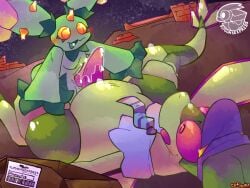 anthro blush bodily_fluids catjam_(artist) claws closed_eyes clothed clothing delivery_(commerce) delivery_employee desert duo feral flygon frottage generation_3_pokemon generation_5_pokemon genital_fluids genitals hat headgear headwear jay_(flygonsexpress) looking_at_another male male/male maractus necktie nintendo package partially_clothed penile penis penises_touching pokemon pokemon_(species) postal_delivery precum ruins sex size_difference small_dom_big_sub text