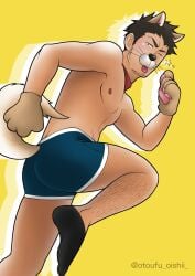 1boy 2017 ass black_socks blue_underwear blush boxers_(clothing) hairy_legs male male_only nipples original otoufu_oishii simple_background socks solo tagme underwear yellow_background