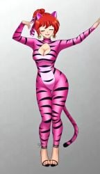 1girls 9:16 ai_generated blue_eyes bodysuit cat_ears cat_tail dancer_girl dancing female high_heels light-skinned_female light_skin linkartoon looking_at_viewer pink_dress ranma-chan ranma_1/2 ranma_saotome red_hair sexy_body shorter_than_10_seconds simple_background solo standing tagme vertical_video video