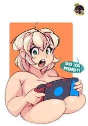 1girls angry angry_face breast_focus breasts english_text female female_only gaming_console holding holding_controller huge_breasts inkit89 looking_at_viewer nintendo_switch open_mouth solo solo_female text upper_body