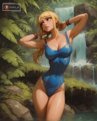 1girls ai_generated aisinful big_breasts blonde_hair breasts fairy_tail female female_only hi_res large_breasts lucy_heartfilia solo sweat swimsuit thick_thighs thighs wet wide_hips