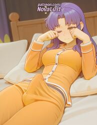 1boy 1futa 2025 ai_generated artist_name bed bulge cock dick erection futanari hi_res high_quality high_resolution highres long_hair lying male_focus misato_katsuragi neon_genesis_evangelion novalust orange_shirt pajamas patreon patreon_username penis pillow purple_hair solo stable_diffusion testicles watermark