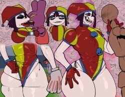1boy 1boy1girl 1girls ass ass_crack big_ass breasts clothed clothed_female clothing clown_girl evil_pomni_(the_amazing_digital_circus) flat_chest glitch_productions jax_(the_amazing_digital_circus) jester kissing mannequin pointy_nose pointy_teeth ragatha_(the_amazing_digital_circus) reder sweat sweatdrop sweating the_amazing_digital_circus thick_thighs thighs