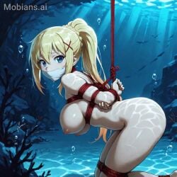 1girls ai_generated arms_tied_behind_back asphyxiation blonde_hair blue_eyes bondage bound_ankles bound_legs cloth_gag darkness_(konosuba) drowning gag gagged kono_subarashii_sekai_ni_shukufuku_wo! large_breasts looking_at_viewer nude on_knees over_the_mouth_gag peril solo underwater