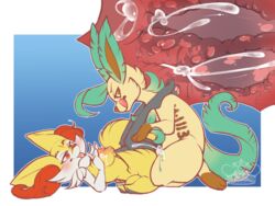 1boy 1girls anal anal_sex areolae braixen breasts canine chibi_leafeon cum cum_in_ass cum_in_pussy cum_inside cum_on_breasts cumshot diphallia diphallism double_penetration eeveelution ejaculation feet female fox furry hemipenes interspecies leafeon legs_up male multi_penis nintendo nipples orgasm paws penetration penis pokemon pokemon_(species) sex straight text vaginal_penetration video_games whimsydreams