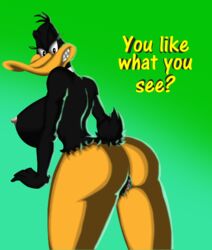 anthro areolae ass avian big_ass breasts daffy_duck dat_ass eyelashes female female_only gradient_background huge_breasts looney_tunes nipples omegabrush pussy rule_63 sideboob soft_feathers solo tagme